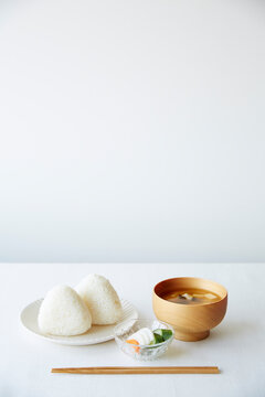 Rice ball, miso soup and pickles