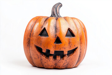 Selective focus creepy jack o lantern in halloween isolated on white background, Close up shot whole carving pumpkin on white.