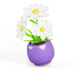 3d daisy with white petals in pot. Flower bouquet of chamomile in flowerpot. Cute house plant for gift or home interior decor. Floral bunch with green leaf and blossom render icon. 3D illustration