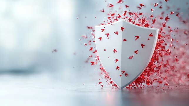 A dynamic shield icon deflecting a stream of malicious code represented by red arrows, visualizing active cyber threat prevention.