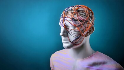 Mental health and depression concepts: Tangled threads of anxiety wrap around the human body.