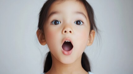 Portrait of a joyful and curious Asian child with sparkling eyes of amazement, set against a neutral, simple background.