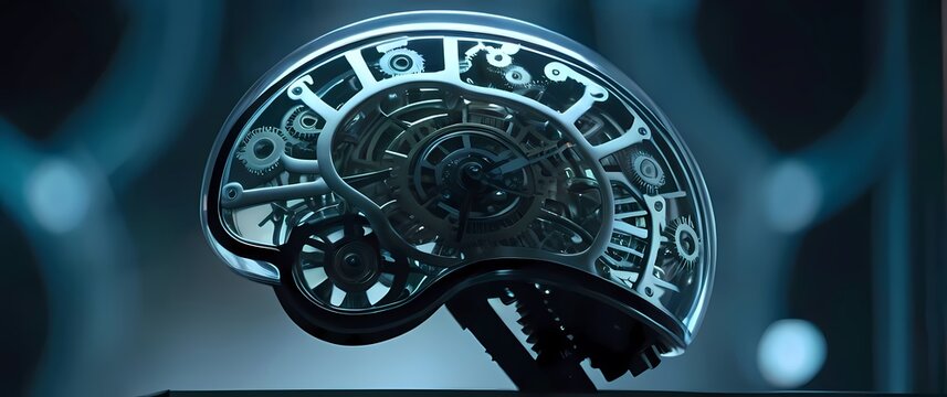 Transparent brain filled with clock gears and cogs slowly turning showing the mechanical process of structured thinking