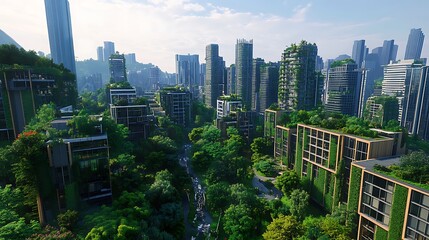 Obraz premium A futuristic cityscape blending nature with modern architecture, showcasing green buildings.