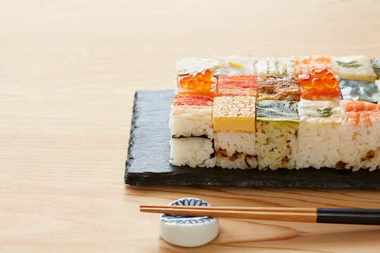 Box sushi on a wooden table