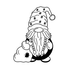 Dwarf with braids and sack in festive hat in doodle style