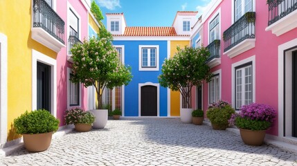 A charming spring courtyard in Lisbon, Portugal, with blooming trees, cobblestone streets, and colorful tiled houses under bright, sunny skies 