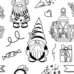 Seamless festive dwarf pattern with lanterns and holiday decorations