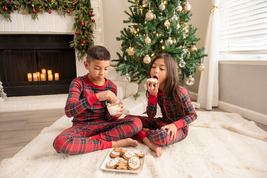 Kids sitting in front of a christmas tree eatting cookies and milk