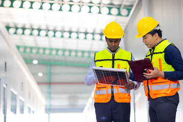 Ethnic diversity team worker people, Success teamwork. Group of professional engineering people wearing hardhat safety helmet meeting with solar photovoltaic panels discussion in new project