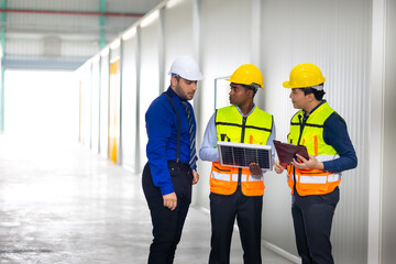 Ethnic diversity team worker people, Success teamwork. Group of professional engineering people wearing hardhat safety helmet meeting with solar photovoltaic panels discussion in new project