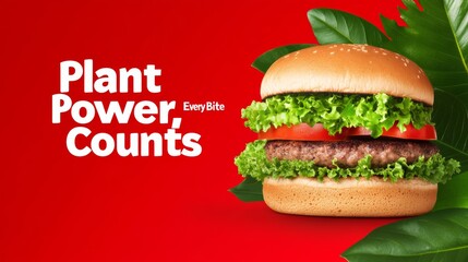 A cheerful Veganuary design with a plant-based burger, glowing with vibrant greens and reds, surrounded by leaves and the tagline Plant Power, Every Bite Counts 