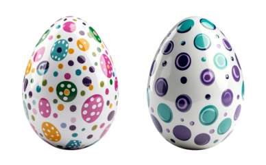 A white Easter egg with green, pink, and purple dots in it, clipart isolated on transparent background, png