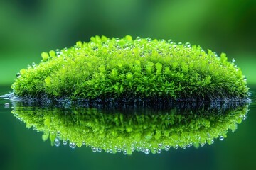 Naklejka premium Vibrant moss island reflected in water 
