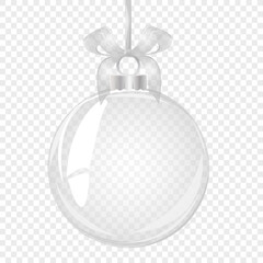 Glass Christmas ball with transparent bow. Element of holiday decoration. Vector object for christmas design, mockup, postcard, invitation, poster, banner