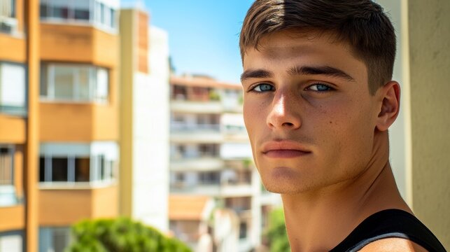 A young man with a blue eye stares at the camera. He is wearing a black tank top and is standing on a balcony - Powered by Adobe