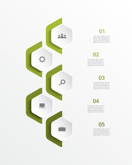 Step by step green vertical infographic template with 5 steps, options, parts or processes.