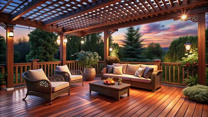 Elegant Outdoor Deck Design: Mahogany, Wicker, Pergola, Ambient Lighting, Evening Relaxation