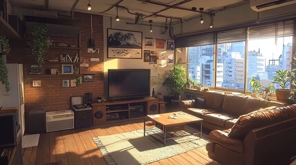 Fototapeta premium Sunlit Modern Apartment Living Room with City View.