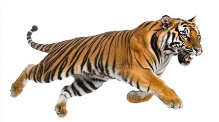 Obraz premium Striking image of a tiger mid-motion, muscles rippling, in a hunting pose against a blank white backdrop.