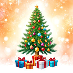 Naklejka premium Radiant Christmas Tree with Golden Stars and Festive Gifts
