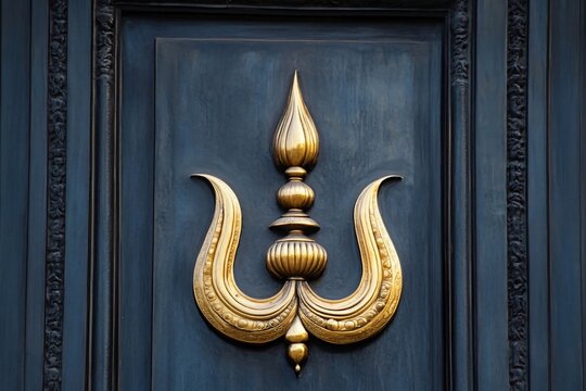Golden khanda symbol mounted on a blue door, representing the sikh faith and its core values of spirituality, courage, and unity