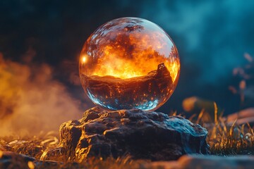 Glass orb resting on rock displays fiery landscape, suggesting impending doom and destruction in apocalyptic vision