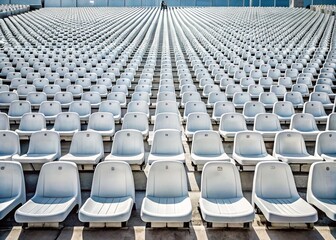 Fototapeta premium Empty Stadium Seats, Football Tribune, Monochrome, High Depth of Field, Numbered Seats, White Plastic Chairs, Sport Arena, Spectator Seating, Stadium Photography