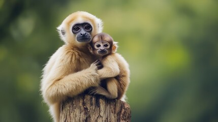 Obraz premium Motherly Love: A Gibbon and Her Baby