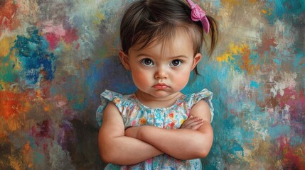 Fototapeta premium Sweet but sassy baby girl, arms crossed defiantly, her expression a mix of innocence and determination.