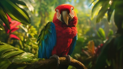 Obraz premium Scarlet Macaw Perched on Branch in Lush Tropical Foliage