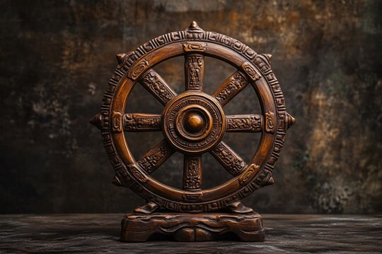 Wooden dharma wheel, a symbol of buddhism, standing on a dark surface, representing the buddha's teachings and the path to enlightenment