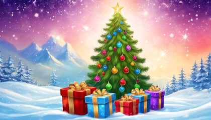 Obraz premium Radiant Holiday Tree with Colorful Ornaments and Presents