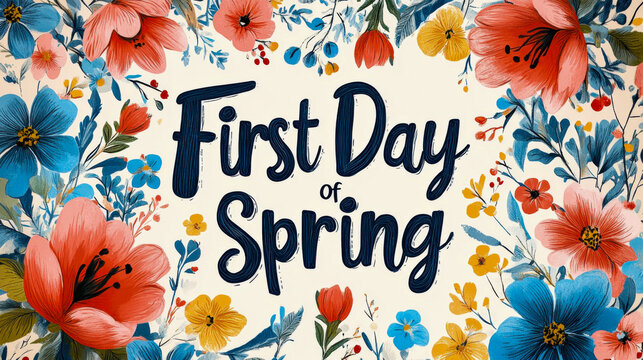 Colorful floral design celebrating the joyful arrival of the first day of spring
