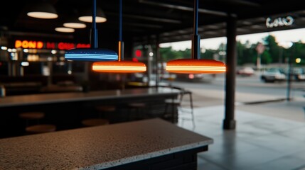 Neon Lights illuminating a modern bar at dusk