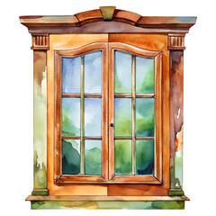 Vintage Wooden Window in Watercolor with Greenery Reflection