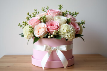 A bouquet of flowers in a pink hatbox with a white ribbon
