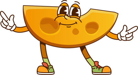 Funny groovy cheese piece character. Edam dairy product, camembert hard cheese slice or cheddar dairy food chunk funny groovy vector character, parmesan piece cheerful isolated cartoon personage