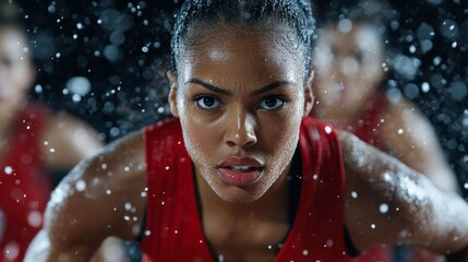 A gritty women’s basketball scene with players diving for the ball, the action frozen in time, and a sense of determination on their faces 