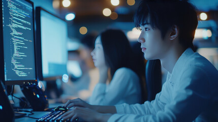 focused young man coding on computer in modern workspace, surrounded by colleagues. atmosphere is vibrant and tech driven