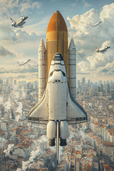 Naklejka premium Always loved and remembered. A rocket launching over a bustling cityscape with planes above.