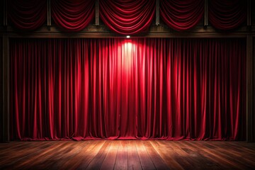 Fototapeta premium Empty Stage Spotlight Red Velvet Curtains - Dramatic Theater Photography