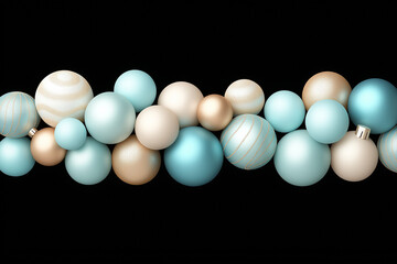 Blue and gold Christmas ornaments on a black background. Concept of holiday and elegance