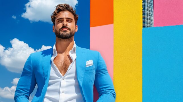 A man in a blue suit is standing in front of a colorful wall. The wall is made up of different colored stripes, creating a vibrant and lively atmosphere. The man's confident posture