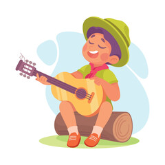 Boy Scout Character in Hat Sitting on Log Play Guitar Vector Illustration