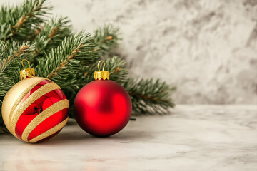 Red and gold Christmas baubles with green branches on marble surface. Concept of holiday decor.
