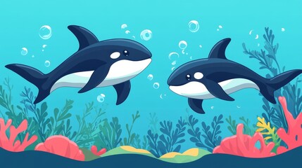 Fototapeta premium Cute Aquatic Animals Illustration Featuring Flat Design of Two Whales