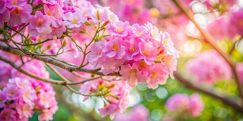 Obraz premium Pink Trumpet Tree Garden Photography: Vibrant Blooms & Lush Foliage