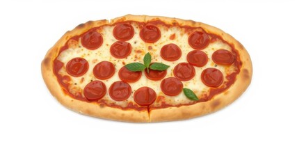 A delicious pepperoni pizza on a crisp white background, delicious