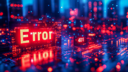 Digital error 401 message with red neon lights in futuristic cityscape